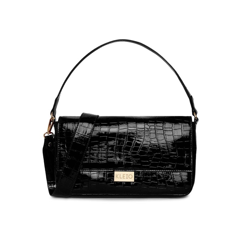 KLEIO On-trend Glossy Party/Bridal Satchel Handbag for Women and Girls - Black - Image 1